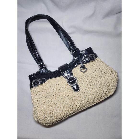 Brighton Handbags - Brighton Woven Straw Black Croc Trim Handbag Purse
